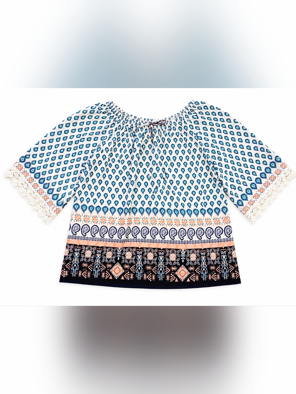 Cesem USA Boho Paisley Peasant Top XL Lace Trim Off Shoulder Blouse - Picture 3 of 7